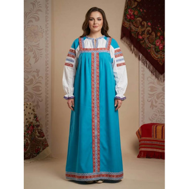 Русско-народный сарафан с блузой женский, цвет небесный Русско-народный сарафан с блузой женский, цвет небесный